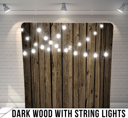 dark wood with string lights backdrop for photo booth